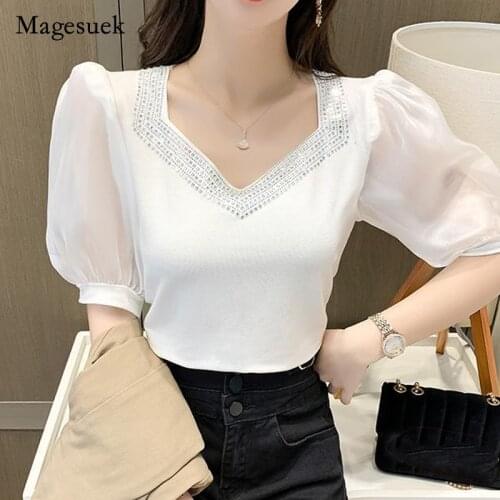 Korea 2021 Summer Women Fashion Blouse Solid Puff Sleeve Square Neck Diamond Chiffon Tops Elegant Gauze Cotton Shirt Blusa 15528