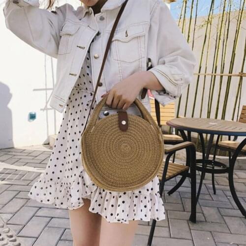 2021 New Round Womens Shoulder Bag Cotton Rope Woven Handbag Bohemian Straw Beach Bags Handmade Female Messenger Crossbody Bag