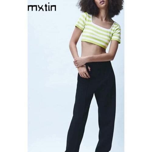 2021 Summer Striped Print Cropped Knitted T Shirt Women Casual Tops Tees O-neck Slim Female Casual Harajuku Ladies T-Shirts