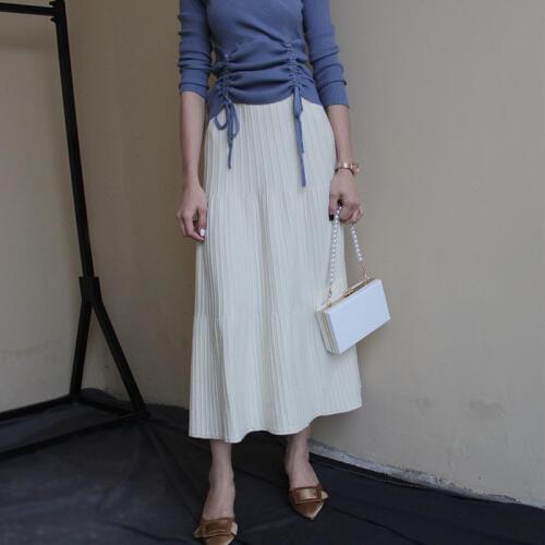 Free Shipping 2020 New Fashion Winter And Autumn Vintage Knitting Long Stretch A-line Skirts Vertical stripes Elastic Waist