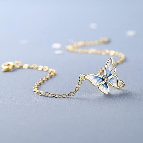 Womens New Fashion Cute Lovely Butterfly Bracelets Shiny Crystal Two Tone Epoxy Golden Link Chain Charm Bracelet Jewelry Gift