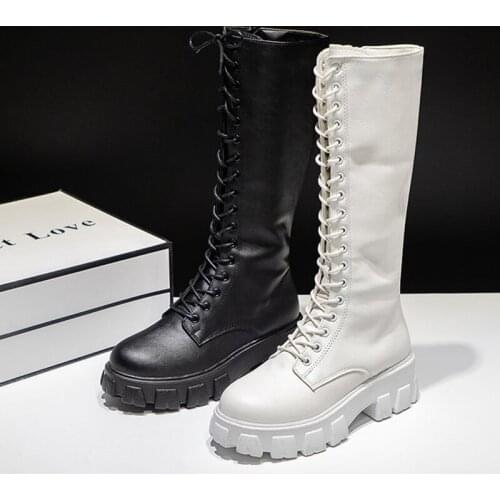 Women 2021 Autumn Winter High Boots Fashion British Style Round Toe Square Heels Shoes Ladies Zipper PU Martin Boots 35-42 size