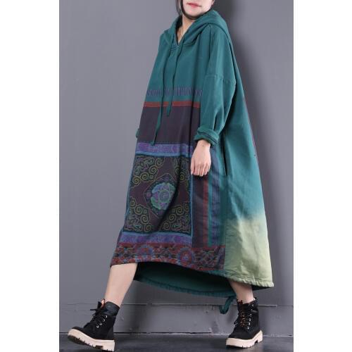 2018 female spring new korean plus size literary dress long-sleeved vintage washed hooded shirt