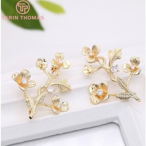 2PCS 35x46MM 24K Gold Color Plated Brass with Zircon Tree Brooch High Quality DIY Jewelry Making Findings Accessories