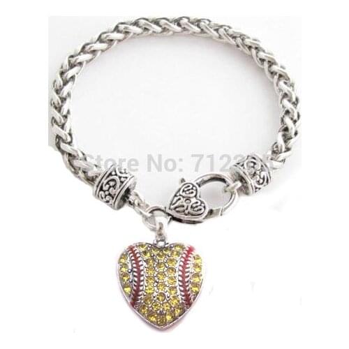 30pcs a lot Softball with Crystal heart pendant with wheat link chain Bracelet