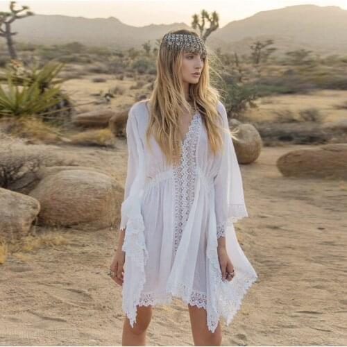 DUISNENA white beach cover up Sunblock sexy lace skirt Boho dress casual blouse beach skirt see-through robe swimsuit