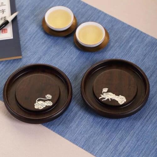 Ebony pot with dry tea tray pot holder pot mat solid wood log round household saucer trays decorative kungfu Tea set accessories