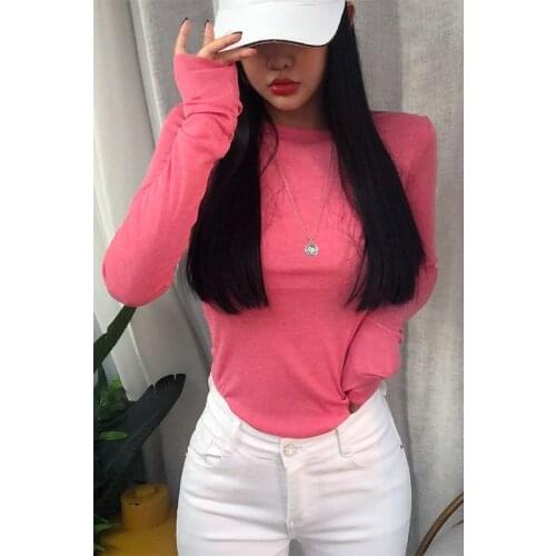 Korean sexy see-through thin section solid color long-sleeved T-shirt all-match inner bottoming shirt women