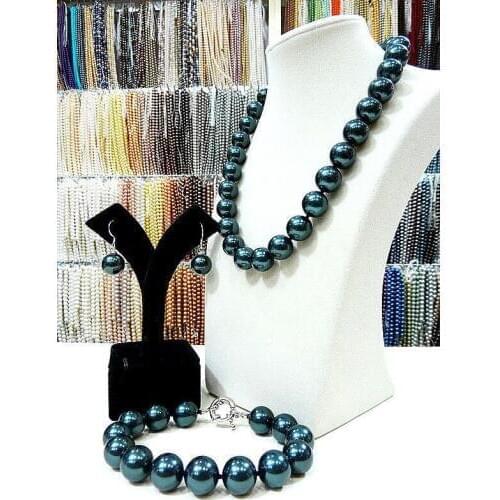 Hot sale new Style >>>>100% real 12MM Black Shell Pearl Necklace Bracelet Earring Set AAA