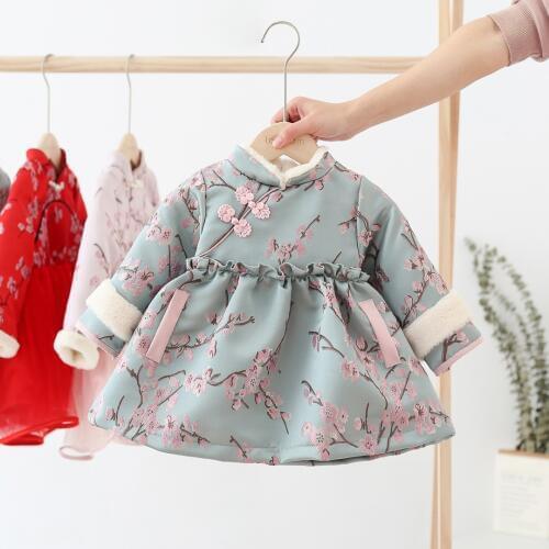 Baby Girls Chinese Dress Long Sleeve Cheongsam New Year Clothing Chinese Qipao Weeding Evening Dress Baby Girl Velvet Clothing
