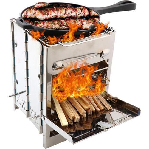 Stainless Steel Square Wood Stove Oven With Carry Bag Foldable Barbecue Grill For Outdoor Camping Mini BBQ Grill