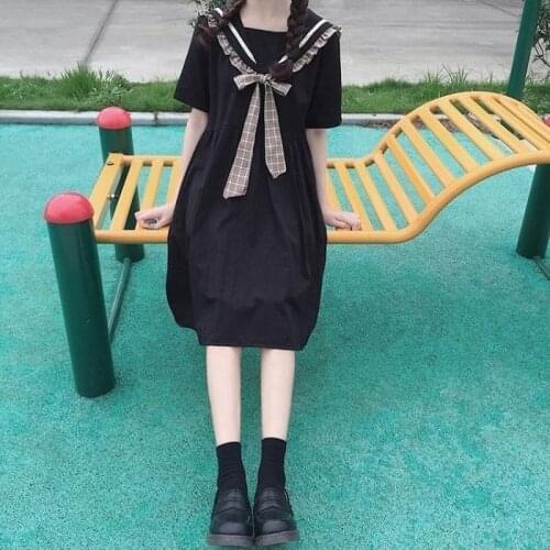 Japanese Style Sweet Cute Women Midi Dress Sailor Collar High Waist Knee-Length Short Sleeve Bow Patchwork Black Dress Y274