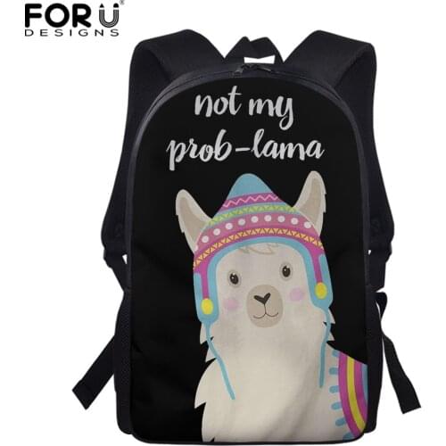 FORUDESIGNS Cute Alpaca Llama Print Schoolbags for Girls Boys Black Children Schoolbags Elementary Primary Kids Bookbags