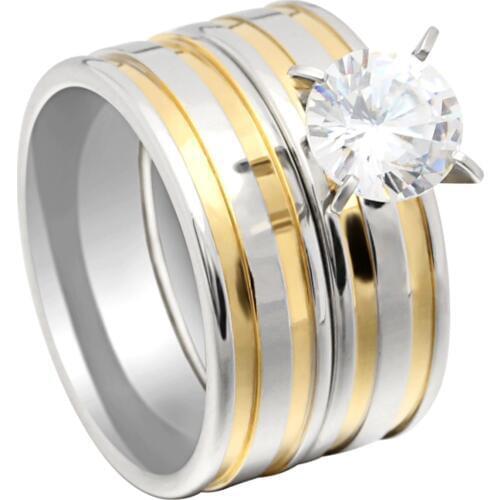 Hainon Fashion Engagement Wedding Ring Sets Stainless Steel Ring Sets for Women Rhinestone Cz Gold Color Jewelry