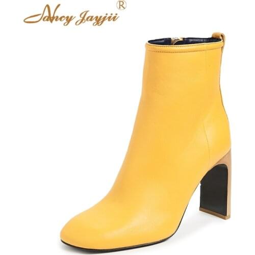 Yellow Ladies Ankle Boots Zipper Side Women Shoes Round Toe Square Heel 10cm Autumn 2021 Female Large Size 38 39 Causal Brand