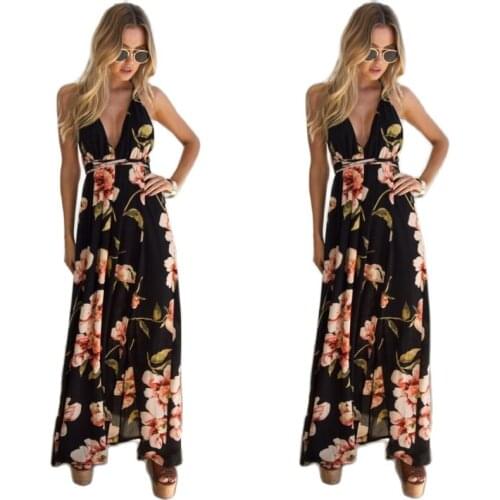 New Sexy Maxi Dress Polyester One-Piece Flower Elegant V Neck Dress Large Hem Design Black Women's Clothing Dresses