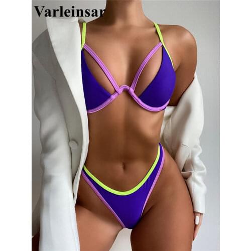 New Splicing V-bar Underwired Bikini Women Swimwear Female Swimsuit Two-pieces Bikini set Thong Bather Bathing Suit Swim V2868