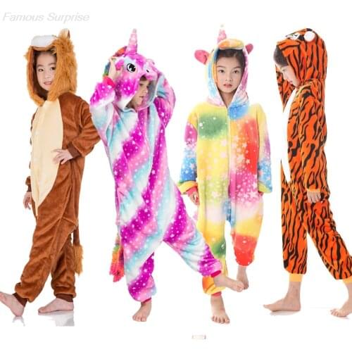 Unicorn Onesie Pajamas for Kids Pajama Jumpsuit Kigurumi Boy Pyjamas Girls Pijama Winter Flannel Lion Tiger Cute Animal Overalls