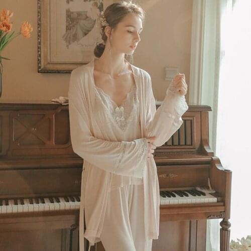 Pajamas Suit Ladies Sleepwear Spring Autumn Summer Pajamas Women Fashion Pink Modal Pyjamas 3pcs Long Sleeve Robe Camisole