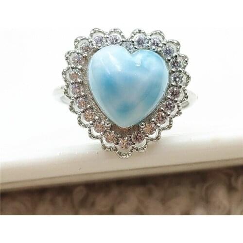 Dominia Namibia Natural Larimar Blue Adjustable Ring 10x10mm Heart Water Pattern Larimar 925 Sterling Silver AAAAAA