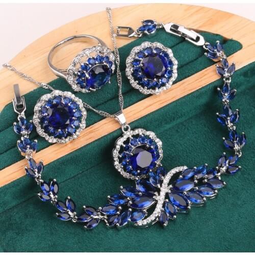 Silver Color Jewelry Set For Women Wedding Royal Blue Topaz Pierced Earrings Necklace Pendant Ring Bracelet Christmas Gift 4PCS