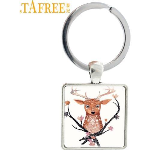 TAFREE cute flower deer key chain oil painting cartoon sika deer pendant gifts glass pendant key chain jewelry TB73