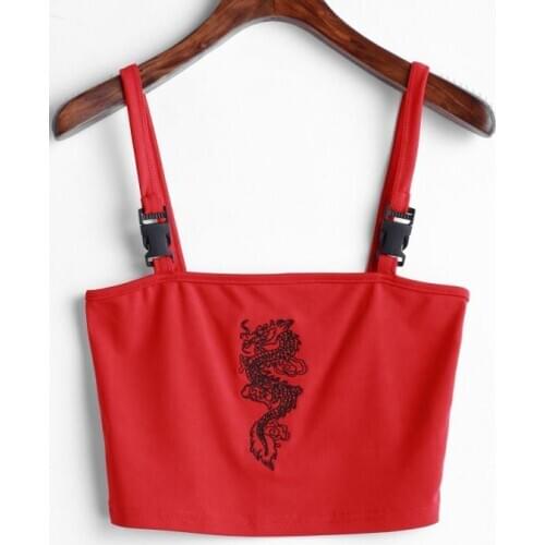 Fashion Women Sexy Hot Summer Buckle Vest Boob Tube Crop Top Bralet Sheer one Dragon Embroidery Stylish Cami Tank Top