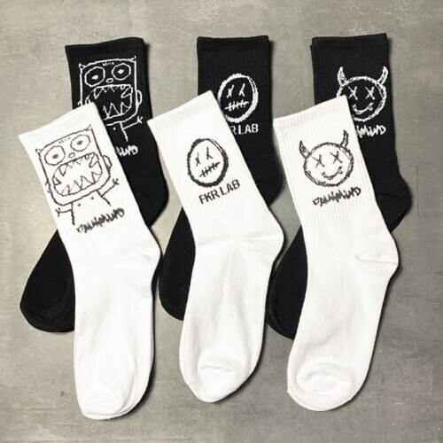 Hip Hop Style 1Pair Cartoon Pattern Japanese Style Cotton Sock for Men Soft Skateboard Socks Breathable Mid Tube Socks