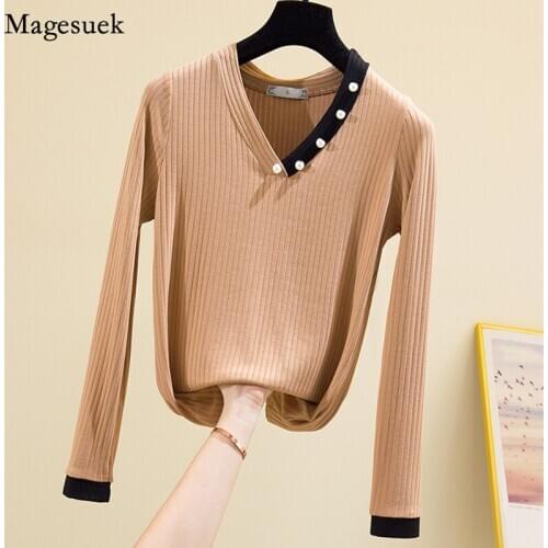 Spring Solid Knitted Woman Tshirts Long Sleeve V Neck Women T Shirt 2021 Casual Slim White Tee Office Female T-Shirts Tops 13283