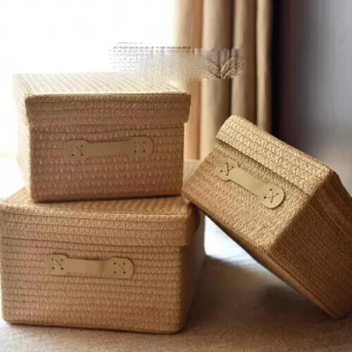 Covered Storage Box Thickening Imitation Grass Woven Storage Basket Desktop Clothing Storage Box Large Drawer