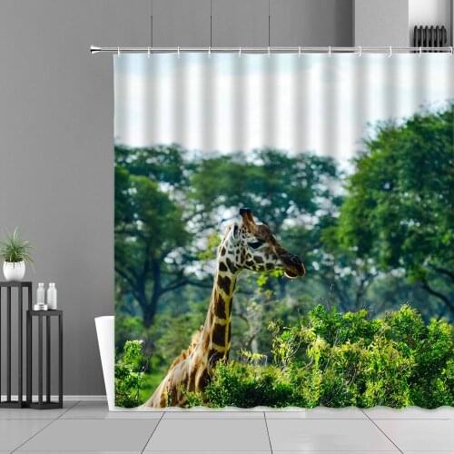 Cute Animal Shower Curtain Giraffe Elk Plants Landscape Bathroom Decoration Background Waterproof Polyester Fabric Cloth Curtain