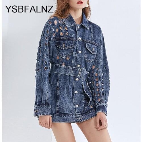 2021 Womens Long Denim Jackets Hollow Out Hole Spring Summer Streetwear Female Fashion Jean Clothing Mulher Jaqueta Loose Belt