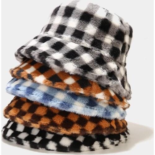 Winter Plaid Print Faux Fur Fluffy Bucket Hats Women Outdoor Warm Sun Hat Soft Velvet Furly Fisherman Cap Girl Fashion Panama