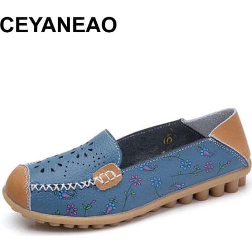 CEYANEAO spring women flat shoes genuine leather ballet flats shoes cutout flats ladies slip on loafers nurse boat shoes C015