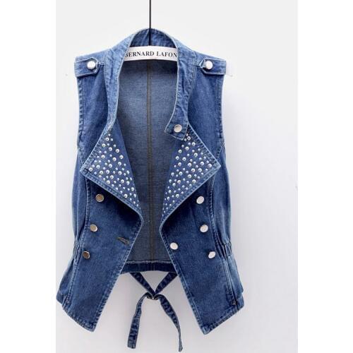 2021 Summer Plus Size Slim Short Denim Vest Women Rivet Suit Collar Waistcoat Sleeveless Jacket Elastic Waist Jeans Vest Female