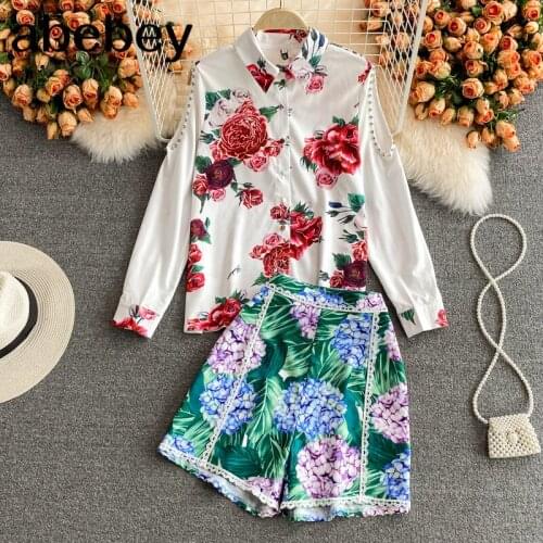 2021 New Summer Fashion turn-down collar long sleeve single breasted print Shirt + high waist casual wide leg Shorts 2-piece set