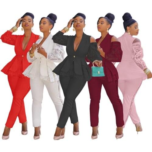 Elegant Lace Patchwork Air Layer Business Wear Two Piece Set Women Sexy V Neck Cold Shoulder Hollow Out Blazer + Pants Outfits
