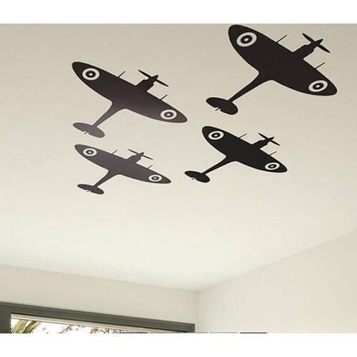 4Pcs Spitfire Airplane Ceiling Wall Sticker Baby Nursery Kids Room Cartoon Fighter Military Wall Decal Bedroom Vinyl Decor