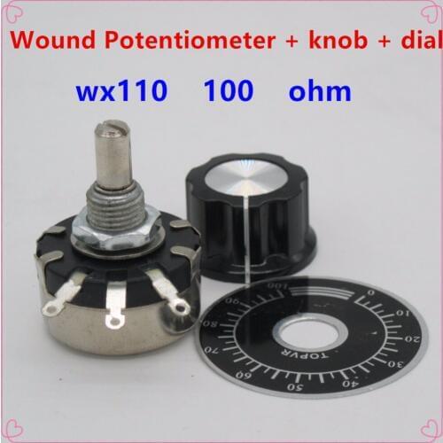 5pcs WX110(010) 100 ohm 3 Soldering Terminals 6mm Round Metal Shaft Single Turn Wire Wound Potentiometer+knob+ dial