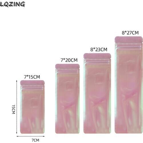 50pc Long Shape Rainbow Pink Ziplock Bag Iridescent Clear Zip lock Lipgloss Packaging Bags Cosmetic Plastic Laser Zipper Pouches