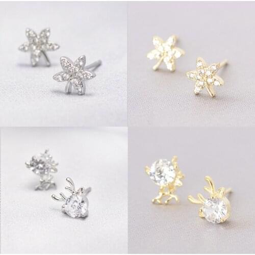 925 Sterling Silver Pin Gold and silver two color exquisite antler small animal earrings, anti allergy, Christmas gift