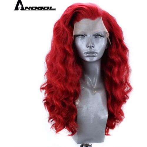 Anogol Red Synthetic Lace Front Wigs with Free Part Natural Long Water Wave Wig for Women High Temperature Fiber