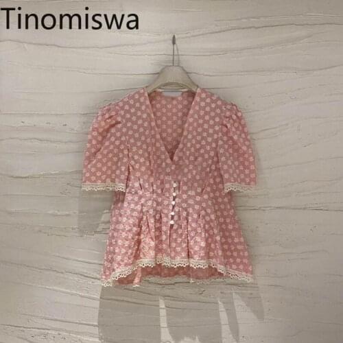 Tinomiswa 2021 Summer Sweet Blouse Women Lace Patchwork V Neck Short Sleeve Shirts Slim Waist Casual Floral Printed Tops New