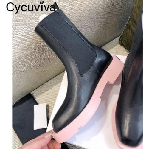 Pink Sole Genuine Leather Chelsea Boots Women British Flat Short Boots Woman Casual Motorcycle Boot Cowboy Platform Shoes Winter