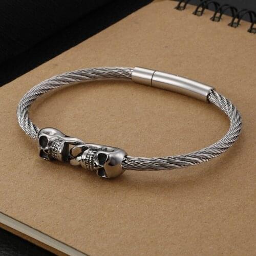 Domineering personality Skull titanium steel bracelet Vintage Gothic double Skull wire bracelet