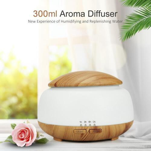 Wood Grain Aroma Essential Oil Diffuser Aromatherapy Ultrasonic Air Humidifier with Colorful LED Light for Room Bedroom 300ml