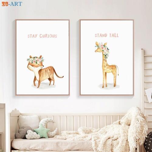 Baby Animals Prints Blush Pink Wall Art Inspiration Quotes Poster Canvas Painting Nursery Kids Bedroom Decorative Pictures