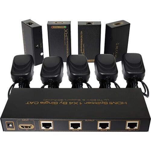 HDMI 1x4 Extender HDMI Splitter Extender by Cat6/7 cable up to 60M 1 TX and 4 RX Transmitter Receiver