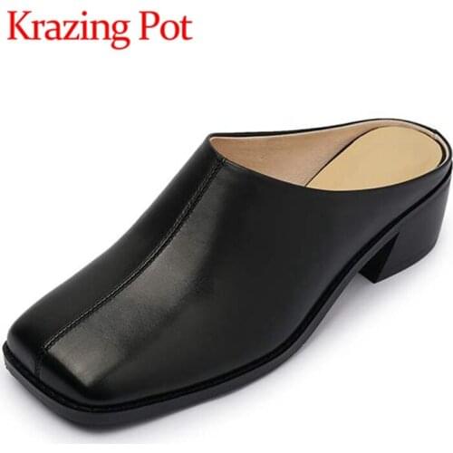 Krazing Pot new genuine leather square toe med heels high street fashion concise style gentlewomen slip on mules women pumps L06