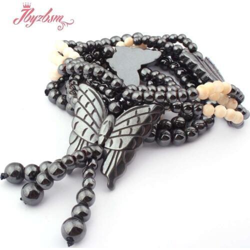 6mm Round (No Magnetic) Hematite Natural Stone Beads For Women Fashion Jewellery Necklace Butterfly Pendant 27" Free Shipping